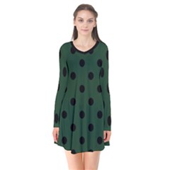 Large Black Polka Dots On Eden Green - Long Sleeve V-neck Flare Dress by FashionLane