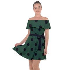 Large Black Polka Dots On Eden Green - Off Shoulder Velour Dress by FashionLane