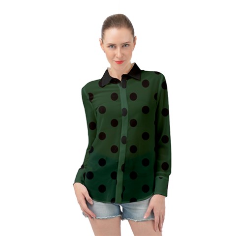 Large Black Polka Dots On Eden Green - Long Sleeve Chiffon Shirt by FashionLane