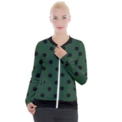 Large Black Polka Dots On Eden Green - Casual Zip Up Jacket by FashionLane