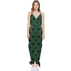 Large Black Polka Dots On Eden Green - Sleeveless Tie Ankle Jumpsuit by FashionLane