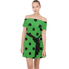 Large Black Polka Dots On Just Green - Off Shoulder Chiffon Dress by FashionLane