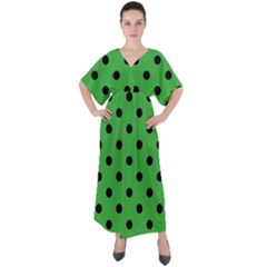 Large Black Polka Dots On Just Green - V-neck Boho Style Maxi Dress by FashionLane