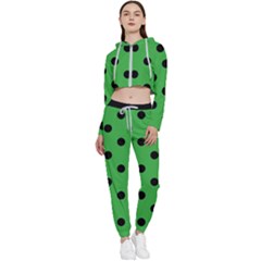 Large Black Polka Dots On Just Green - Cropped Zip Up Lounge Set