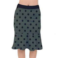 Large Black Polka Dots On Kombu Green - Short Mermaid Skirt by FashionLane