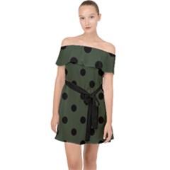 Large Black Polka Dots On Kombu Green - Off Shoulder Chiffon Dress by FashionLane