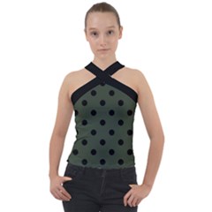 Large Black Polka Dots On Kombu Green - Cross Neck Velour Top by FashionLane