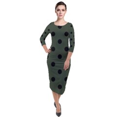 Large Black Polka Dots On Kombu Green - Quarter Sleeve Midi Velour Bodycon Dress by FashionLane