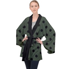 Large Black Polka Dots On Kombu Green - Long Sleeve Velvet Kimono  by FashionLane