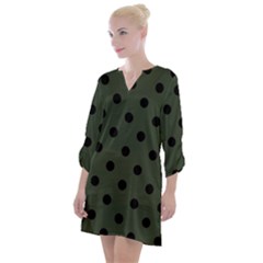 Large Black Polka Dots On Kombu Green - Open Neck Shift Dress