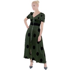 Large Black Polka Dots On Kombu Green - Button Up Short Sleeve Maxi Dress by FashionLane