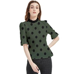 Large Black Polka Dots On Kombu Green - Frill Neck Blouse