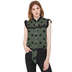 Large Black Polka Dots On Kombu Green - Frill Detail Shirt by FashionLane