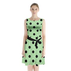 Large Black Polka Dots On Pale Green - Sleeveless Waist Tie Chiffon Dress by FashionLane