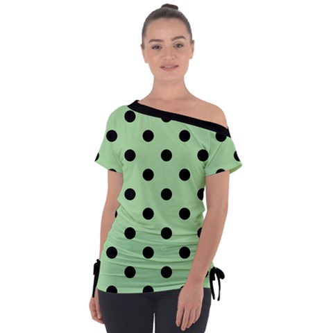 Large Black Polka Dots On Pale Green - Off Shoulder Tie-up Tee by FashionLane