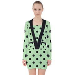 Large Black Polka Dots On Pale Green - V-neck Bodycon Long Sleeve Dress by FashionLane