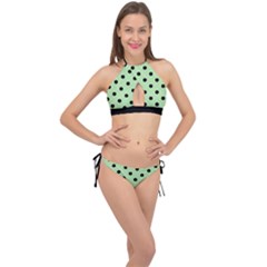 Large Black Polka Dots On Pale Green - Cross Front Halter Bikini Set by FashionLane