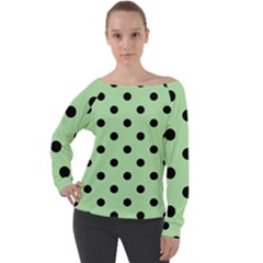 Large Black Polka Dots On Pale Green - Off Shoulder Long Sleeve Velour Top by FashionLane