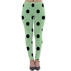 Large Black Polka Dots On Pale Green - Lightweight Velour Leggings by FashionLane