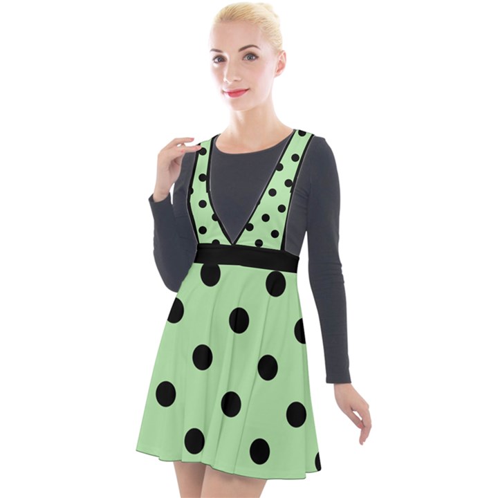 Large Black Polka Dots On Pale Green - Plunge Pinafore Velour Dress