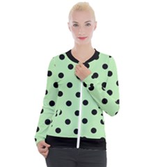 Large Black Polka Dots On Pale Green - Casual Zip Up Jacket by FashionLane