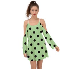 Large Black Polka Dots On Pale Green - Kimono Sleeves Boho Dress