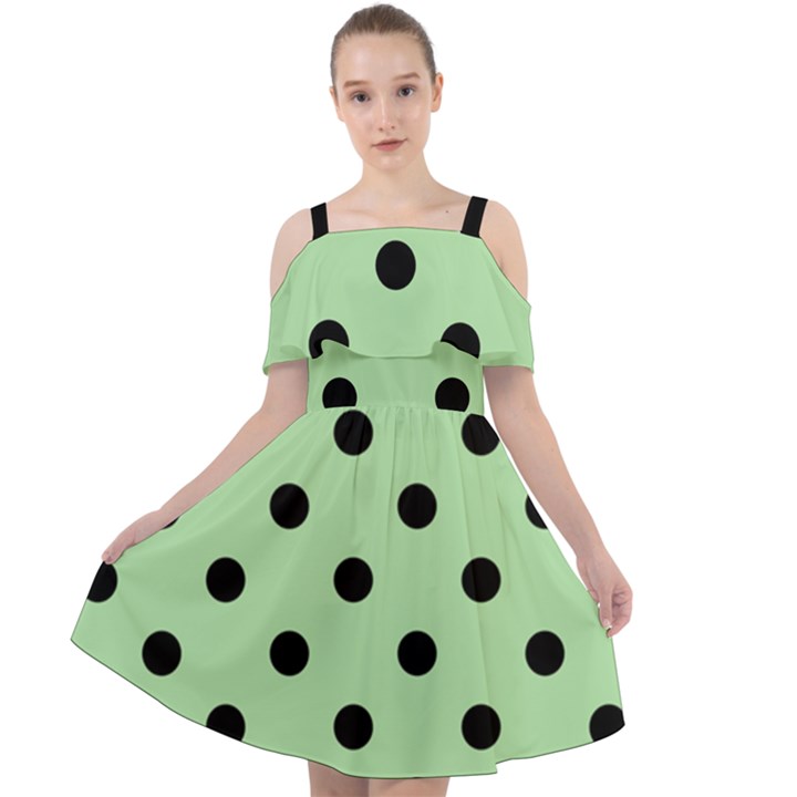 Large Black Polka Dots On Pale Green - Cut Out Shoulders Chiffon Dress