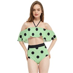 Large Black Polka Dots On Pale Green - Halter Flowy Bikini Set  by FashionLane