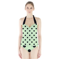 Large Black Polka Dots On Tea Green - Halter Swimsuit by FashionLane