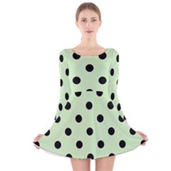 Large Black Polka Dots On Tea Green - Long Sleeve Velvet Skater Dress by FashionLane