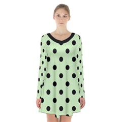 Large Black Polka Dots On Tea Green - Long Sleeve Velvet V-neck Dress by FashionLane