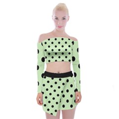 Large Black Polka Dots On Tea Green - Off Shoulder Top With Mini Skirt Set by FashionLane