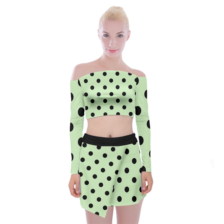 Large Black Polka Dots On Tea Green - Off Shoulder Top with Mini Skirt Set