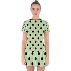 Large Black Polka Dots On Tea Green - Drop Hem Mini Chiffon Dress by FashionLane