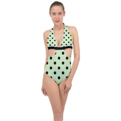 Large Black Polka Dots On Tea Green - Halter Front Plunge Swimsuit by FashionLane