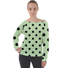 Large Black Polka Dots On Tea Green - Off Shoulder Long Sleeve Velour Top by FashionLane