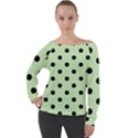 Large Black Polka Dots On Tea Green - Off Shoulder Long Sleeve Velour Top View1