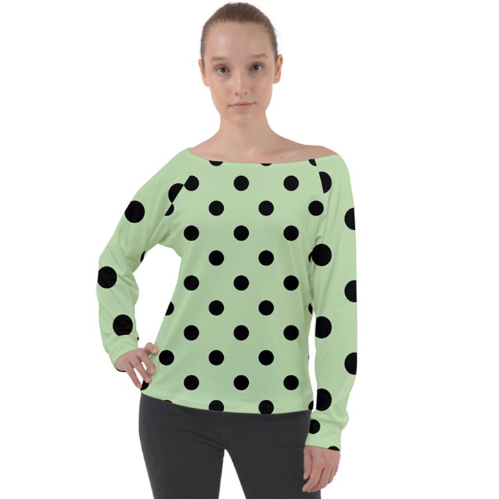 Large Black Polka Dots On Tea Green - Off Shoulder Long Sleeve Velour Top