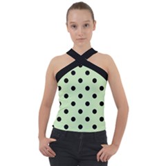 Large Black Polka Dots On Tea Green - Cross Neck Velour Top by FashionLane