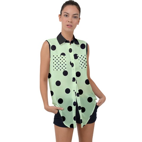 Large Black Polka Dots On Tea Green - Sleeveless Chiffon Button Shirt by FashionLane