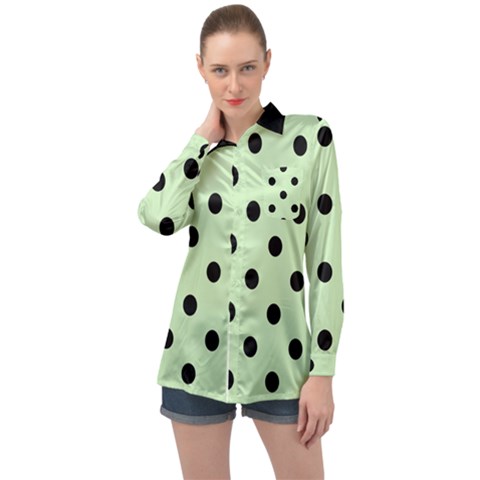 Large Black Polka Dots On Tea Green - Long Sleeve Satin Shirt by FashionLane