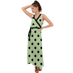 Large Black Polka Dots On Tea Green - V-neck Chiffon Maxi Dress by FashionLane