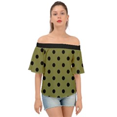 Large Black Polka Dots On Woodbine Green - Off Shoulder Short Sleeve Top by FashionLane