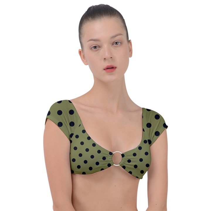 Large Black Polka Dots On Woodbine Green - Cap Sleeve Ring Bikini Top