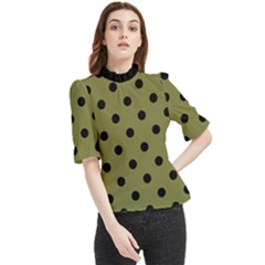 Large Black Polka Dots On Woodbine Green - Frill Neck Blouse