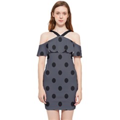 Large Black Polka Dots On Anchor Grey - Shoulder Frill Bodycon Summer Dress