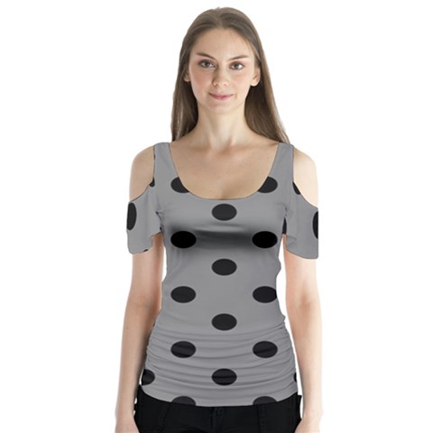 Large Black Polka Dots On Battleship Grey - Butterfly Sleeve Cutout Tee  by FashionLane