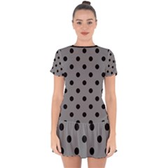 Large Black Polka Dots On Battleship Grey - Drop Hem Mini Chiffon Dress by FashionLane