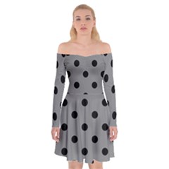 Large Black Polka Dots On Battleship Grey - Off Shoulder Skater Dress by FashionLane