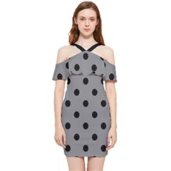 Large Black Polka Dots On Battleship Grey - Shoulder Frill Bodycon Summer Dress